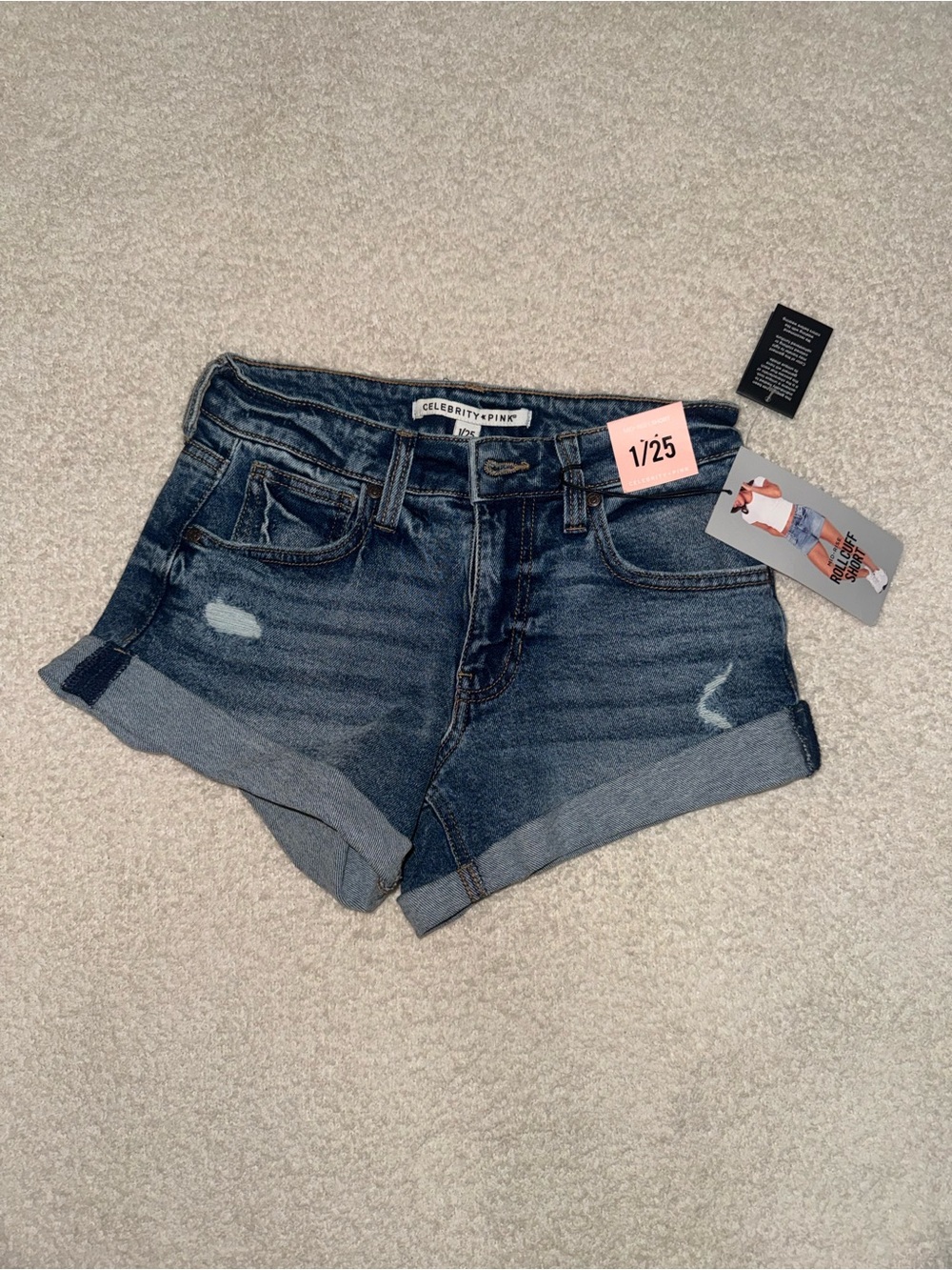 Celebrity Pink Distressed Dark Blue Denim Roll-Cuff Shorts